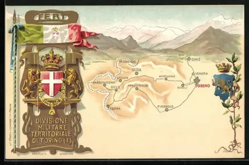Lithographie Divisione Militare Territoriale Di Torino, Wappen und kartographische Darstellung
