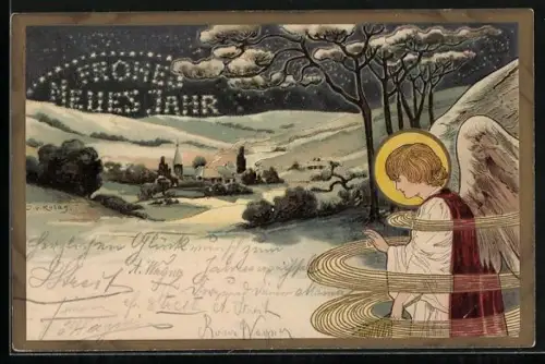 Lithographie Neujahrsengel mit Segnungsgeste vor einer Ortschaft im Schnee, Neujahrsgruss, Jugendstil