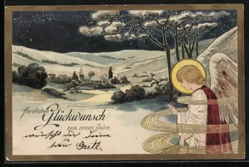 Lithographie Neujahrsengel mit Segnungsgeste vor einer Ortschaft im Schnee, Neujahrsgruss, Jugendstil
