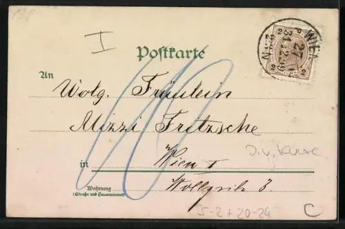 Lithographie Neujahrsengel mit Segnungsgeste vor einer Ortschaft im Schnee, Neujahrsgruss, Jugendstil