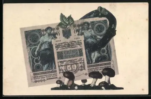AK Österreich-Ungarische Banknote, 50 Kronen, mit Pilzen, Hufeisen und Kleeblatt verziert