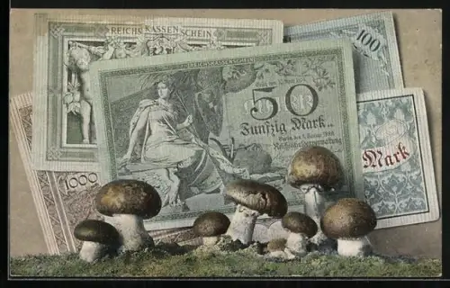 AK Reichskassenschein, Banknoten, 50 Mark zuvorderst, mit Moos und Pilzen