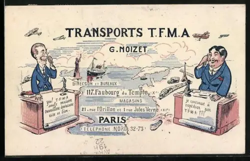 AK Paris, Transports T.F.M.A., Direction et Bureaux, 21, rue l`Orillon et 1 rue Jules Vernes
