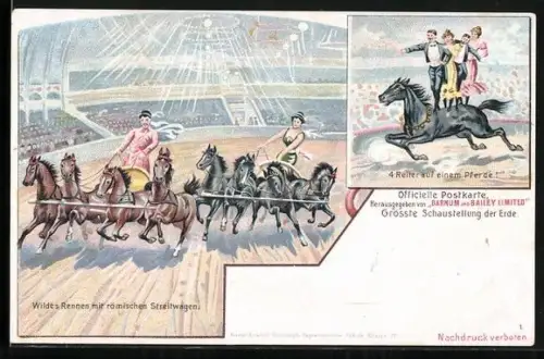 Lithographie Zirkusauftritt mit römischen Streitwagen und vier Reitern auf einem Pferd