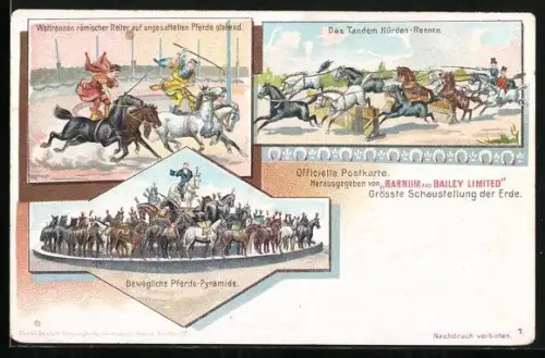 Lithographie Barnum and Bailey Limited, Wettrennen römischer Reiter, Bewegliche Pferde-Pyramide, Tandem Hürden-Rennen, Z