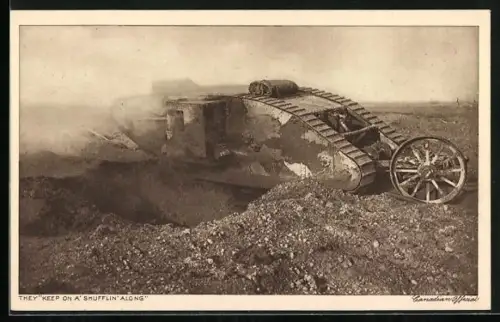 AK britischer Panzer Mark I. überwindet Explosionskrater