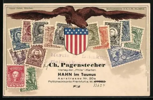 AK Amerikanische Briefmarken mit Wappen und Adler