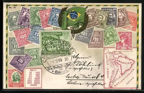 AK Brasilianische Kolonial-Briefmarken mit Flagge und Landkarte