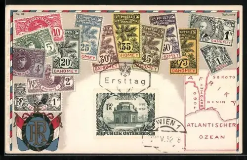 AK Afrikanische Briefmarken der Republik Österreich mit Landkarte