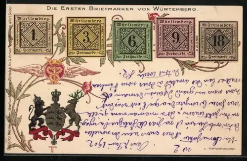 AK Die Ersten Briefmarken von Württemberg mit Wappen