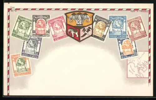 AK Siam, Briefmarken verschiedener Werte, Wappentier Elefant, Landkarte der Region