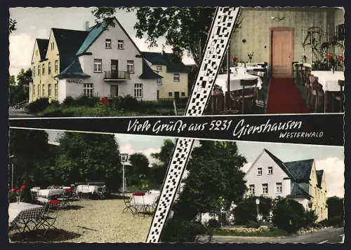 AK Giershausen /Westerwald, Hotel-Pension Waldfrieden, Innenansicht, Garten