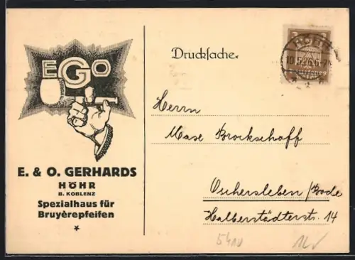 Künstler-AK Höhr b. Koblenz, Spezialhaus für Bruyèrepfeifen E. & O. Gerhards