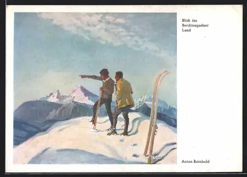 Künstler-AK Berchtesgaden, Zwei Skifahrer schauen vom Berg ins Berchtesgadner Land