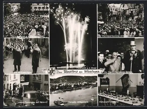 AK Winningen, Moselfest, Feuerwerk a. d. Mosel, Wein-Tankstelle auf Rädern, Dampfer-Anlegestelle