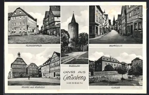 AK Grünberg /Hessen, Strasse Marktgasse mit Gasthaus Muenchener, Markt mit Rathaus, Diebsturm