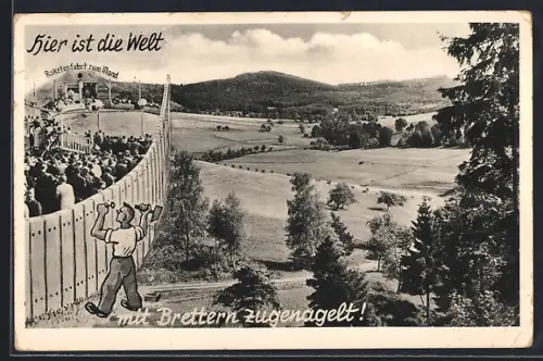 AK Fotomontage, Bretterzaun durch die Landschaft, Raketenfahrt zum Mond