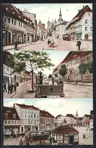 AK Eisleben, Strassenpartie mit Geschäften und Strassenbahn, Strasse Breiter Weg mit Brunnen