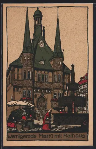 Steindruck-AK Wernigerode, Rathaus & Markt