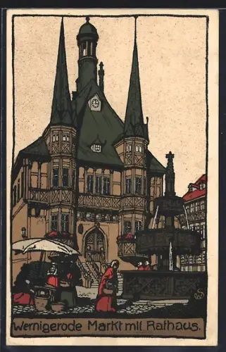 Steindruck-AK Wernigerode, Markt mit Rathaus