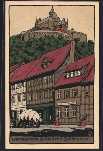 Steindruck-AK Wernigerode, Schloss mit Schöneecke, Fuhrwerk, Geschäft