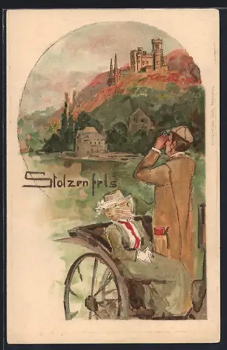 Lithographie Stolzenfels, Paar schaut zum Schloss