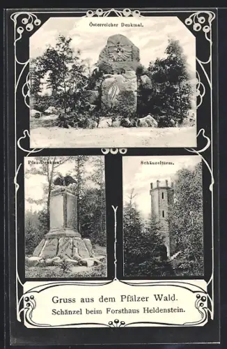 AK Edenkoben /Pfälzer Wald, Schänzel beim Forsthaus Heldenstein, Österreicher Denkmal, Pfau-Denkmal, Schänzelturm
