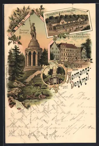 Lithographie Detmold, C. Reineckes Gasthof zum Hermannsdenkmal, Hotel Frankfurt, Bismarck-Stein