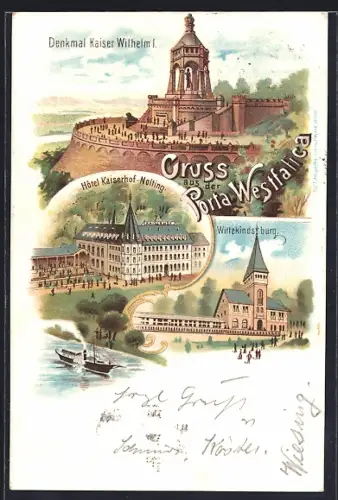 Lithographie Porta Westfalica, Hotel Kaiserhof Nolting, Wittekindsburg, Denkmal Kaiser Wilhelm I.