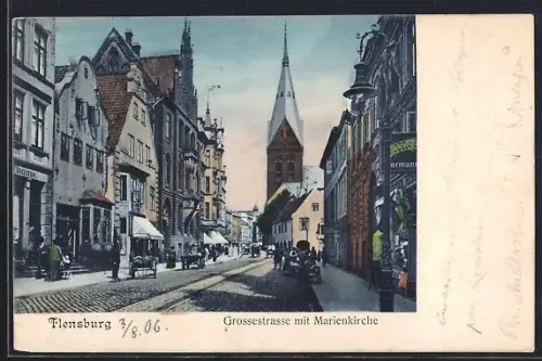 AK Flensburg, Grossestrasse mit Geschäften und Marienkirche