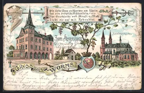 Lithographie Worms, Gasthaus Zum Kapuziner, Liebfrauenkirche, Wappen