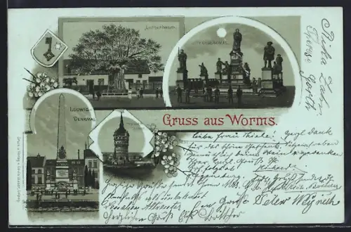 Mondschein-Lithographie Worms, Wasserturm, Lutherbaum, Lutherdenkmal