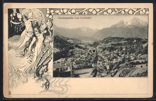 Lithographie Berchtesgaden, Teilansicht vom Lockstein aus, Elfen mit Blumen, Passepartout