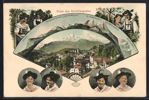 Lithographie Berchtesgaden, Ortsansicht mit Alpengipfeln, Trachten