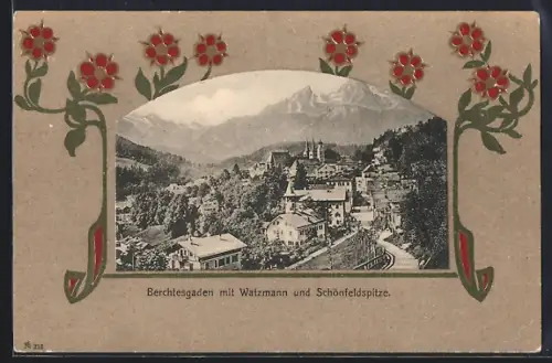 Passepartout-AK Berchtesgaden, Totale mit Watzmann und Schönfeldspitze