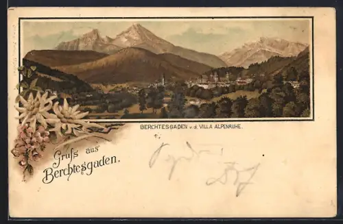 Lithographie Berchtesgaden, Teilansicht von der Villa Alpenruhe