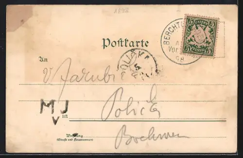 Lithographie Berchtesgaden, Teilansicht von der Villa Alpenruhe