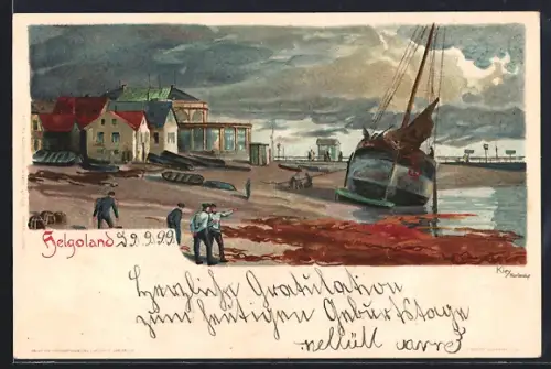 Künstler-AK Heinrich Kley: Helgoland, Partie am Strand, Segelboot