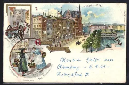Lithographie Hamburg-Neustadt, Milchkarren, Vierländerin, Jungfernstieg