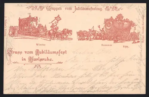 Lithographie Karlsruhe, Gruppen vom Jubiläumsfestzug, Winter und Sommer