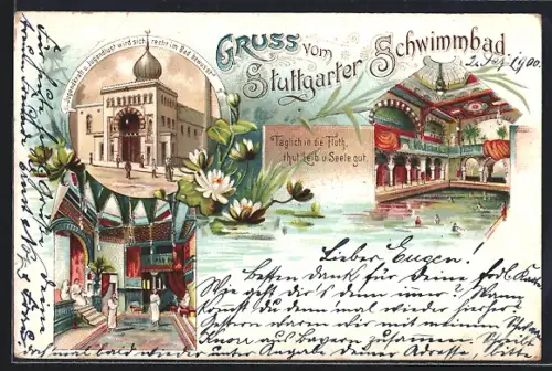 Lithographie Stuttgart, Schwimmbad mit Innenansicht