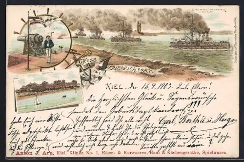 Lithographie Kiel, Friedrichsort, Einfahrt des Geschwaders in den Hafen, Kaserne, Matrose mit Kanone