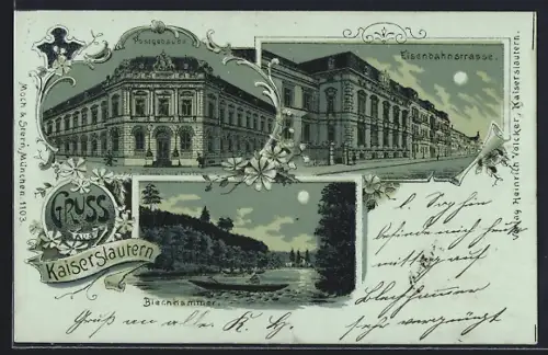 Mondschein-Lithographie Kaiserslautern, Postgebäude, Eisenbahnstrasse, Blechhammer