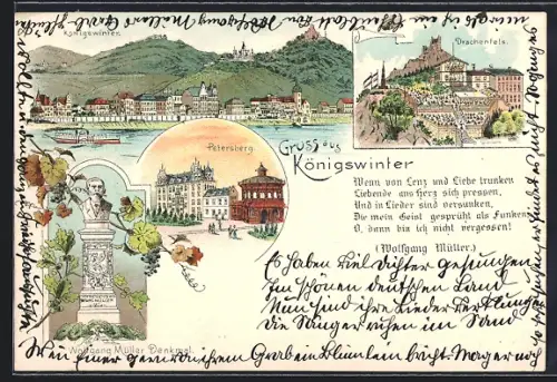 Lithographie Königswinter, Gasthaus Drachenfels, Wolfgang Müller Denkmal, Petersberg