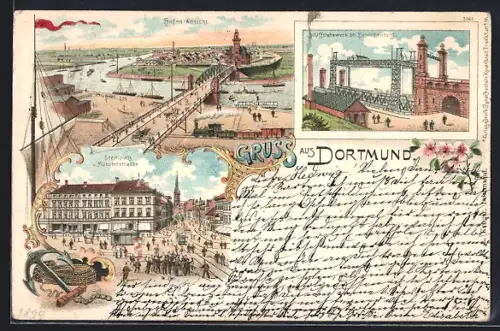 Lithographie Dortmund, Steinplatz mit Münsterstrasse, Schiffshebewerk und Hafen-Ansicht