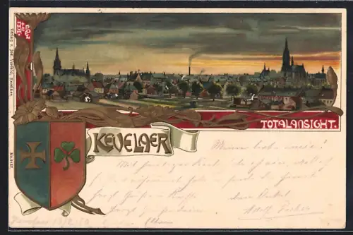 Lithographie Kevelaer, Ortspanorama und Ortswappen