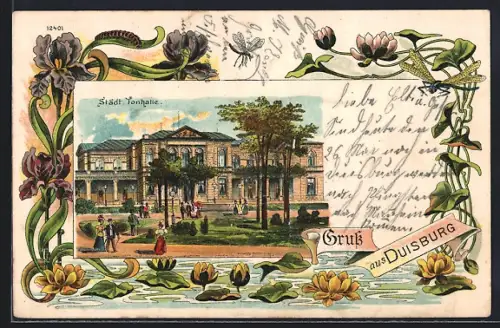 Lithographie Duisburg, Städtische Tonhalle, Seerosen, Passepartout