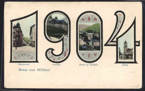 AK Bad Wildbad, Jahreszahl mit Hauptstrasse, Lesehalle, Kirche