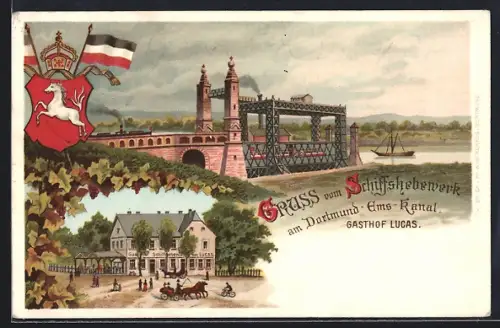 Lithographie Meckinghoven, Schiffshebewerk am Dortmund-Ems-Kanal, Gasthof Herm. Lucas, Wappen