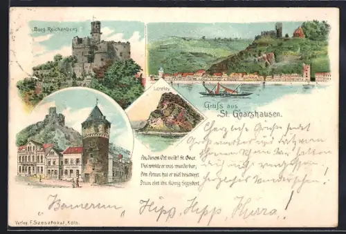 Lithographie St. Goarshausen, Burg Reichenberg, Loreley, Strassenpartie